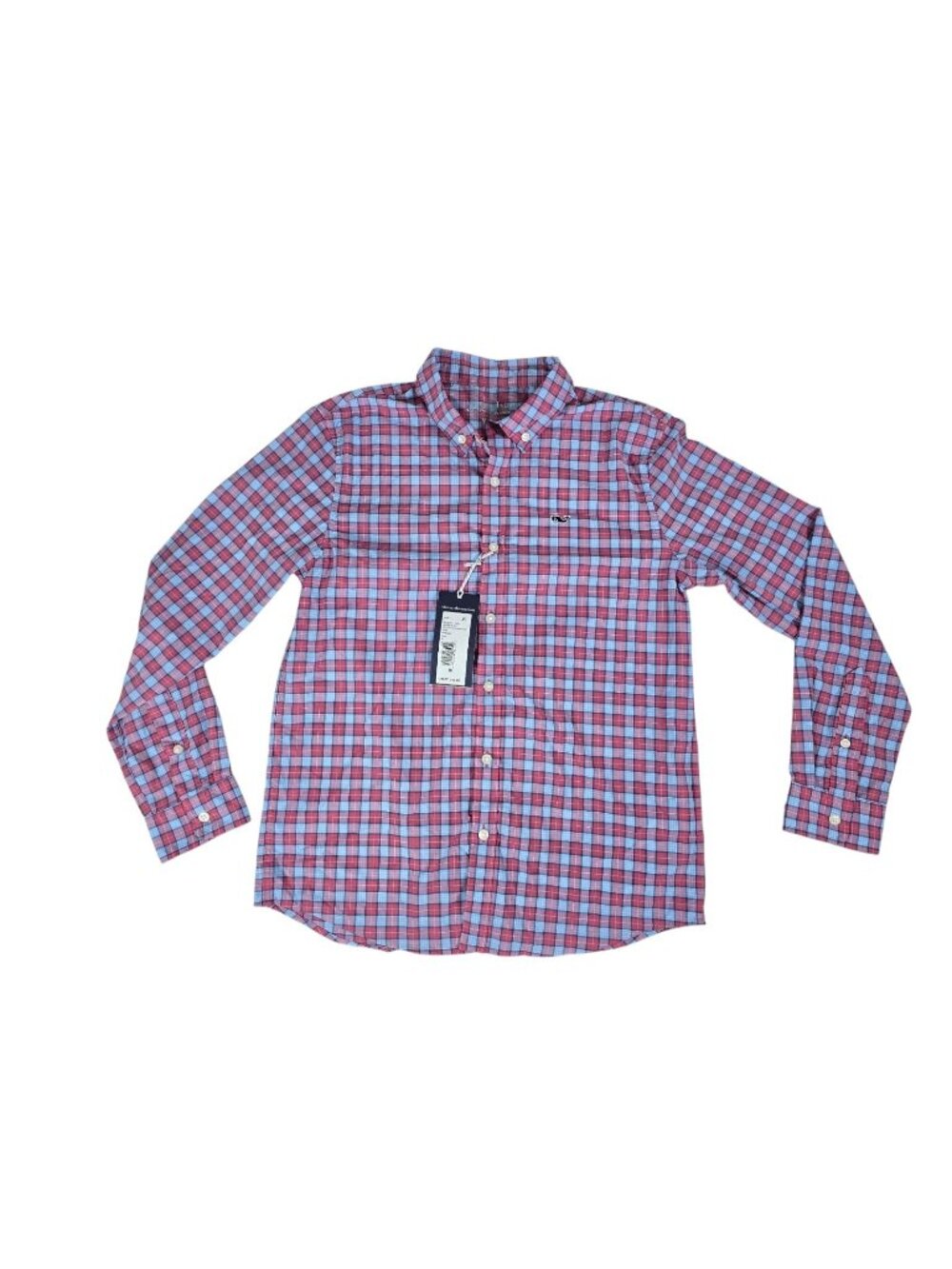 Vineyard Button down long sleeve shirt blue, red plaid teen boy size M